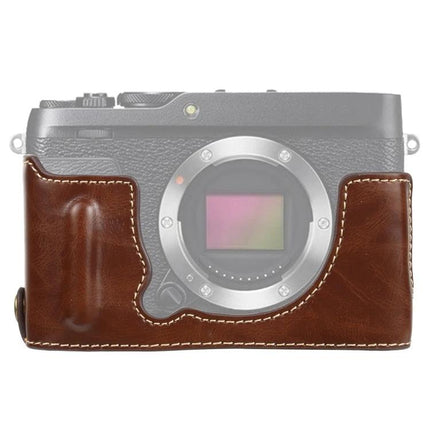 PU Leather Half Case with 1/4 Inch Thread for Fujifilm XE4 Camera in brown PU leather showing front access and stitched design