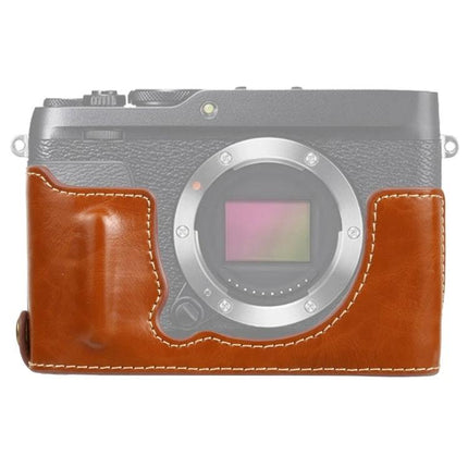 PU Leather Half Case with 1/4 Inch Thread for Fujifilm XE4 Camera brown PU leather half-case showing front protection and access to controls