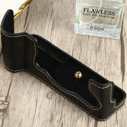 PU Leather Half Case with 1/4 Inch Thread for FUJIFILM X-T4 black PU leather bottom case with gold screw mount and contrast stitching