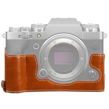 PU Leather Half Case with 1/4 Inch Thread for FUJIFILM X-T4 brown PU leather protective half case on camera