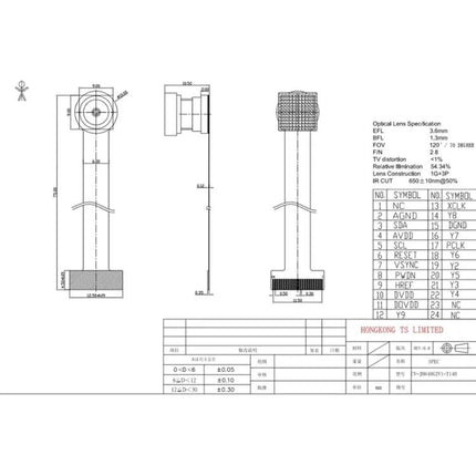 TTGO Single Lens Camera Module for Everyday Video Recording technical drawing showing dimensions and OV2640 pinout