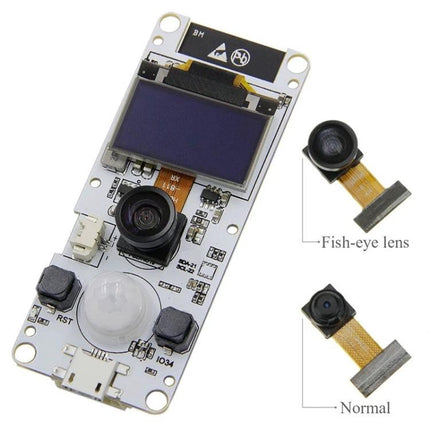 TTGO Single Lens Camera Module for Everyday Video Recording - OV2640 board with LCD, fish-eye and normal lenses for DIY security and portable recorder