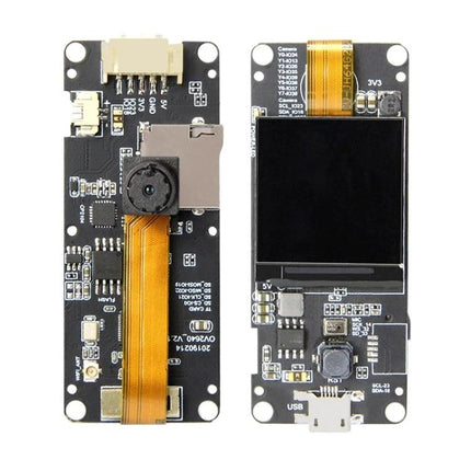 TTGO Single Lens Camera Module for Everyday Video Recording showing OV2640 board front and back with ribbon cable and display