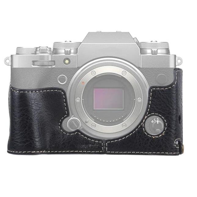 Litchi Texture PU Leather Protective Case for FUJIFILM X-T4 black half-case showing textured exterior and stitching for grip and protection