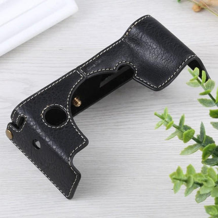 Litchi Texture PU Leather Protective Case for FUJIFILM X-T4 - black litchi grain half case with stitched edges, grip and tripod access