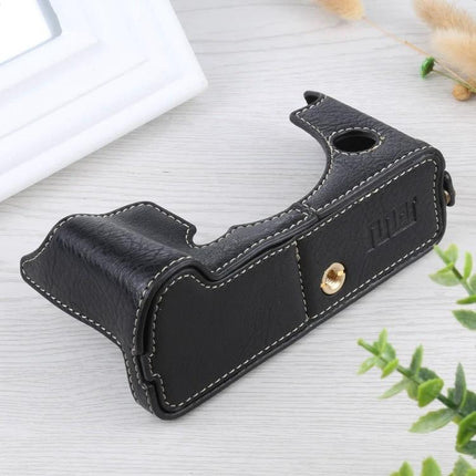 Litchi Texture PU Leather Protective Case for FUJIFILM X-T4 black half-body camera cover with stitching and tripod mount