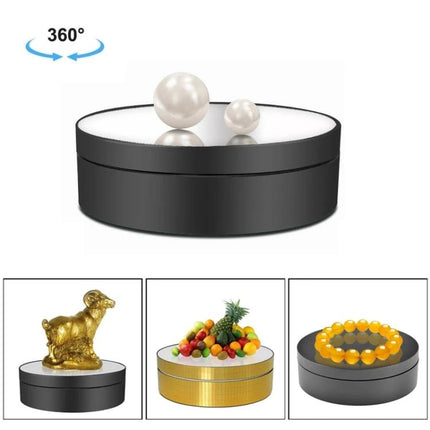 Compact Rotating Electric Turntable for Mirror Display and Video Shooting showing black rotating display with pearls, jewelry, and small product examples