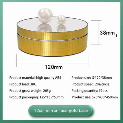 12cm Electric Rotating Display Stand for Product Showcasing gold mirror base, 120mm diameter, 38mm height, for watches jewelry small electronics