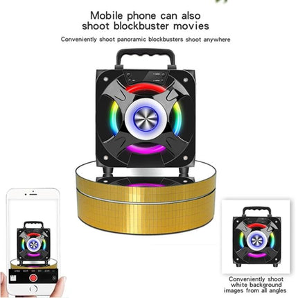 12cm Electric Rotating Display Stand for Product Showcasing with gold base holding a colorful speaker for photographers and online sellers