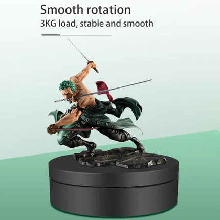 12cm Electric Rotating Display Stand for Product Showcasing with action figure demonstrating smooth rotation and 3kg load capacity