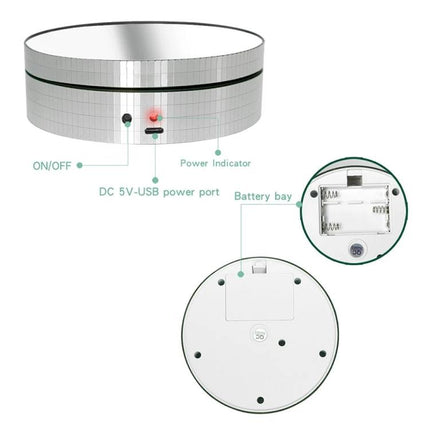 12cm Electric Rotating Display Stand for Product Showcasing showing power indicator, DC 5V-USB port, ON/OFF switch and battery bay
