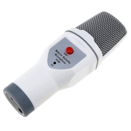 Condenser Microphone for Everyday Karaoke and Home Fun Sessions - white condenser mic with mesh grille and red button for smartphone karaoke