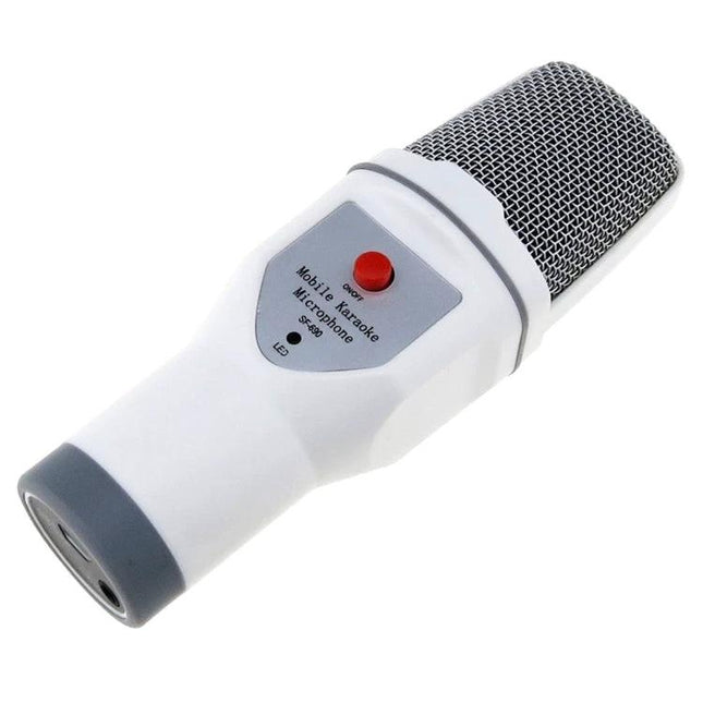 Condenser Microphone for Everyday Karaoke and Home Fun Sessions - white condenser mic with mesh grille and red button for smartphone karaoke