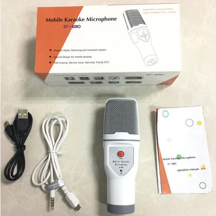 Condenser Microphone for Everyday Karaoke and Home Fun Sessions - white mobile karaoke mic with USB cable, aux cable and manual