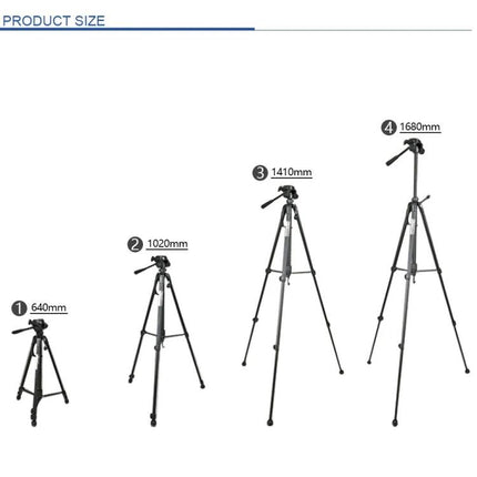 WeiFeng 3-Section Folding Tripod for Live Broadcast and Photography showing four height stages 640mm 1020mm 1410mm 1680mm