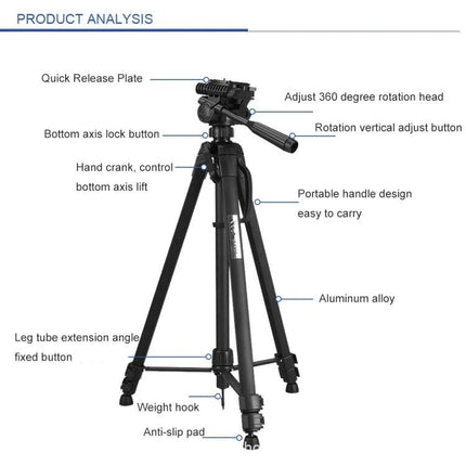 WeiFeng 3-Section Folding Tripod for Live Broadcast and Photography — aluminum alloy tripod with quick release plate, 360° head, portable handle and anti-slip pads