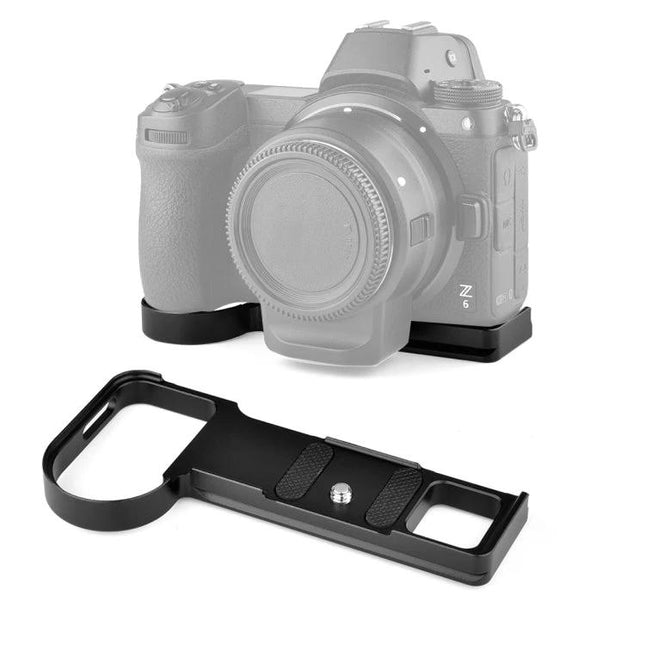 YELANGU Base L Plate Expansion Board for Nikon Z6 and Z7 Cameras shown mounted on a Z6 camera with separate black L plate accessory