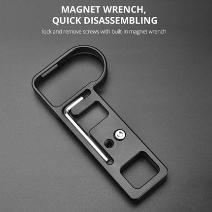 YELANGU Base L Plate Expansion Board for Nikon Z6 and Z7 Cameras showing black L-plate with built-in magnet wrench for quick disassembling and battery access