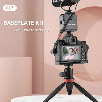 YELANGU Base L Plate Expansion Board for Nikon Z6 and Z7 Cameras mounted on Z6 camera with microphone and tabletop tripod