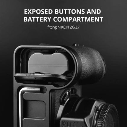 YELANGU Base L Plate Expansion Board for Nikon Z6 and Z7 Cameras mounted on camera showing exposed battery compartment and buttons