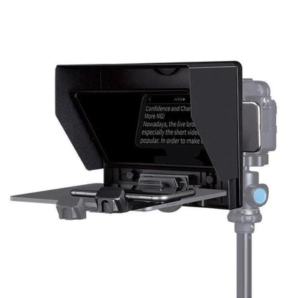 Feelworld 10-Inch Folding Teleprompter for Smartphone Video mounted on tripod with smartphone and DSLR setup