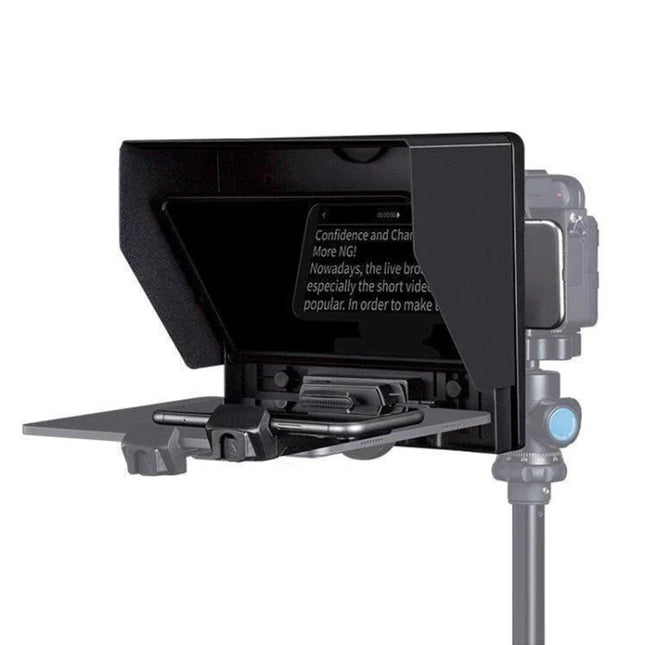 Feelworld 10-Inch Folding Teleprompter for Smartphone Video mounted on tripod with smartphone and DSLR setup