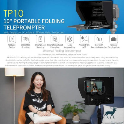 Feelworld 10-Inch Folding Teleprompter for Smartphone Video showing teleprompter mounted on tripod with smartphone and presenter