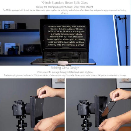 Feelworld 10-Inch Folding Teleprompter for Smartphone Video mounted on DSLR showing folding glass design and smartphone tray