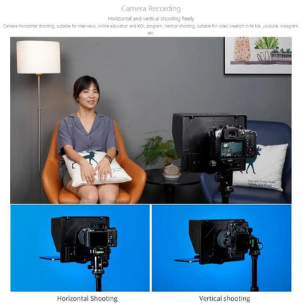 Feelworld 10-Inch Folding Teleprompter for Smartphone Video showing presenter seated with DSLR setup for horizontal and vertical shooting