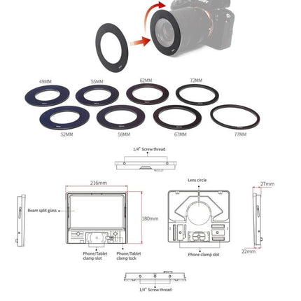 Feelworld 10-Inch Folding Teleprompter for Smartphone Video showing adapter rings, dimensions and mounting diagram
