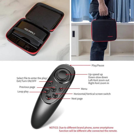 Feelworld 10-Inch Folding Teleprompter for Smartphone Video with carrying case and remote control shown