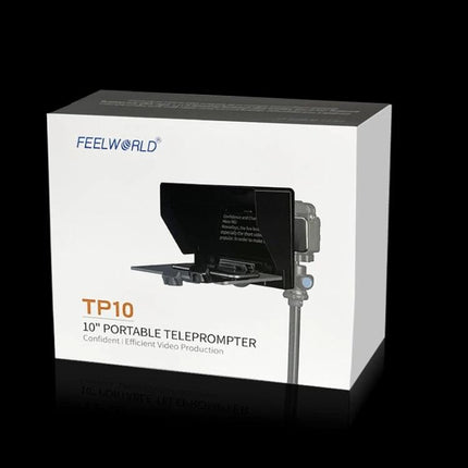 Feelworld 10-Inch Folding Teleprompter for Smartphone Video - compact 10" portable teleprompter box showing unit mounted for smartphone/DSLR use