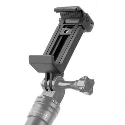 Phone Clamp for Hands-Free Daily Selfies and Videos - black nylon phone clamp mounted on selfie stick for steady video recording
