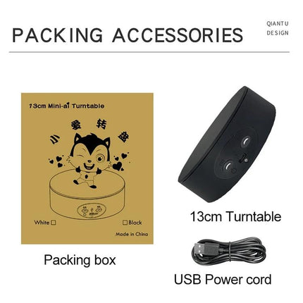 Xiaoai 13cm Electric Rotating Turntable for Product Displays showing packing box turntable and USB power cord