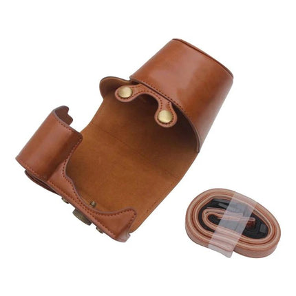 Protective PU Leather Camera Case for Sony ZV-E10 Model in brown with detachable strap, open view showing interior protection and snap closures