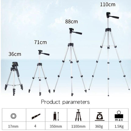 Adjustable Aluminum Tripod for DSLR and Digital Cameras shown at multiple heights (36cm, 71cm, 88cm, 110cm) with pan head and lightweight aluminum build