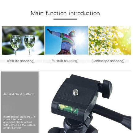 Adjustable Aluminum Tripod for DSLR and Digital Cameras showing adjustable head, bubble level and 1/4" screw for still, portrait and landscape shooting