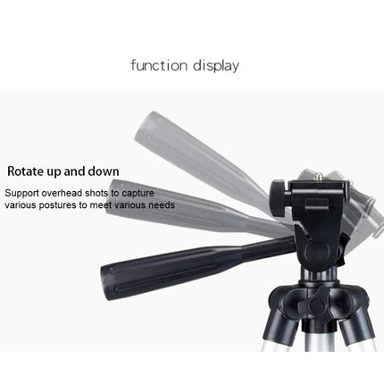 Adjustable Aluminum Tripod for DSLR and Digital Cameras showing adjustable head rotating up and down for overhead shots