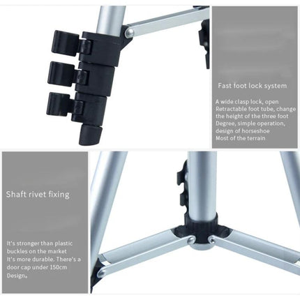 Adjustable Aluminum Tripod for DSLR and Digital Cameras close-up of fast foot lock system and shaft rivet fixing, portable stable aluminum legs