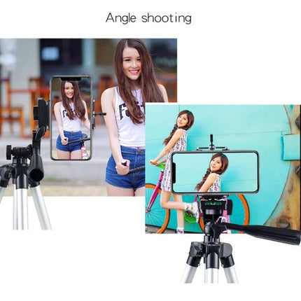Adjustable Aluminum Tripod for DSLR and Digital Cameras with phone mount capturing angled shots of a model