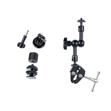 7-Inch Adjustable Magic Arm with Claw Clips for Camera Mounting shown with clamp and accessory adapters for DSLR rigs and LED lights