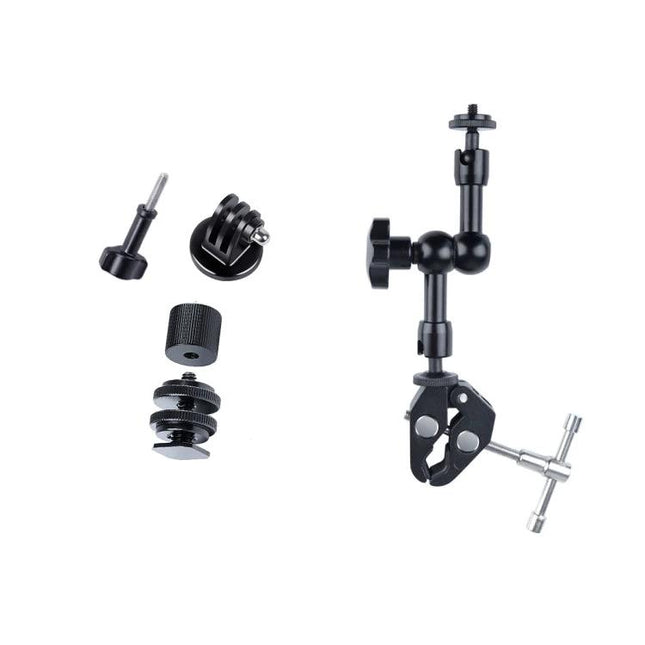 7-Inch Adjustable Magic Arm with Claw Clips for Camera Mounting shown with clamp and accessory adapters for DSLR rigs and LED lights