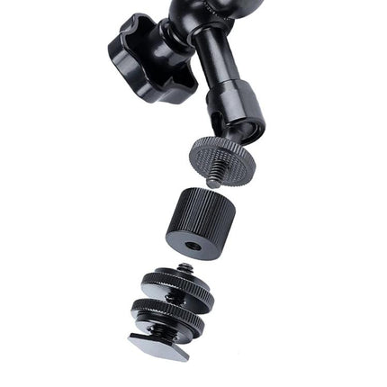 7-Inch Adjustable Magic Arm with Claw Clips for Camera Mounting showing ball head, knurled thumbscrew and removable mounting adapters