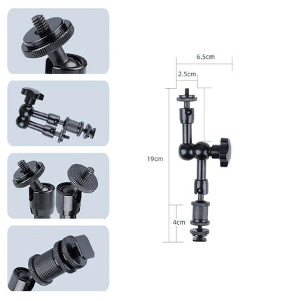 7-Inch Adjustable Magic Arm with Claw Clips for Camera Mounting shown with dimensions and close-up shots of joints and mounting screws
