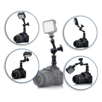 7-Inch Adjustable Magic Arm with Claw Clips for Camera Mounting attached to DSLR with LED light and monitor for stable positioning