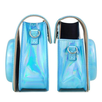Aurora Color Leather Case for Fujifilm Instax Mini 11 in Blue slim protective blue leather camera bag showing side views and strap rings