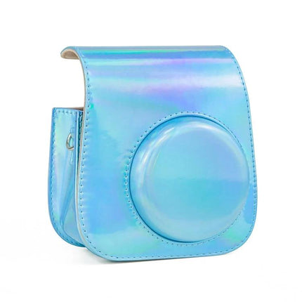 Alt Tag: Aurora Color Leather Case for Fujifilm Instax Mini 11 in Blue - iridescent blue protective camera case for travel and daily use