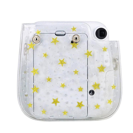 Stars Crystal Protective Case for Fujifilm Instax Mini 11 with Strap - transparent PVC protective cover with yellow star glitter pattern and strap-ready design