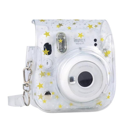 Stars Crystal Protective Case for Fujifilm Instax Mini 11 with Strap - transparent PVC case with gold stars, dust and scratch protection, strap attached