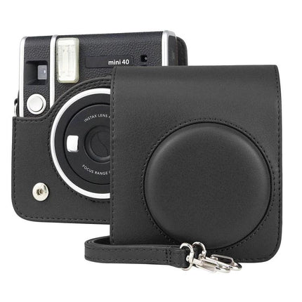 Retro PU Leather Camera Case with Strap for FUJIFILM Instax Mini 40 – black protective PU leather camera bag with front lens cover and strap